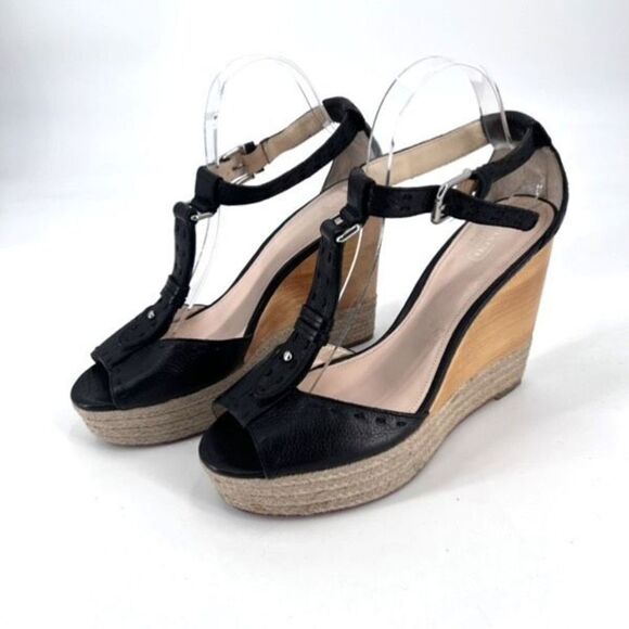 Coach Gala Black Leather Wedges Espadrille Wood Size 10 Peep toe T Strap Sandals - Picture 1 of 12